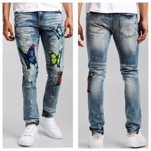 PREME Men's Vintage Blue Distressed Jeans Embroidered Butterflies Size 42X34.